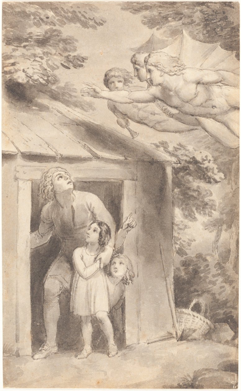 Peter und seine Kinder, besucht von drei fliegenden Figuren von Thomas Stothard