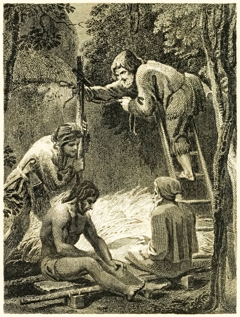 Robinson Crusoe und Freitag bauen ein Zelt für Freitags Vater und den Spanier aus 