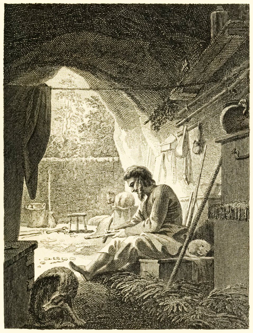 Robinson Crusoe bei der Arbeit in seiner Höhle aus 