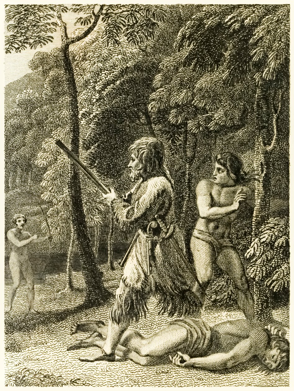 Robinson Crusoe sieht und rettet seinen Mann Freitag zum ersten Mal aus 