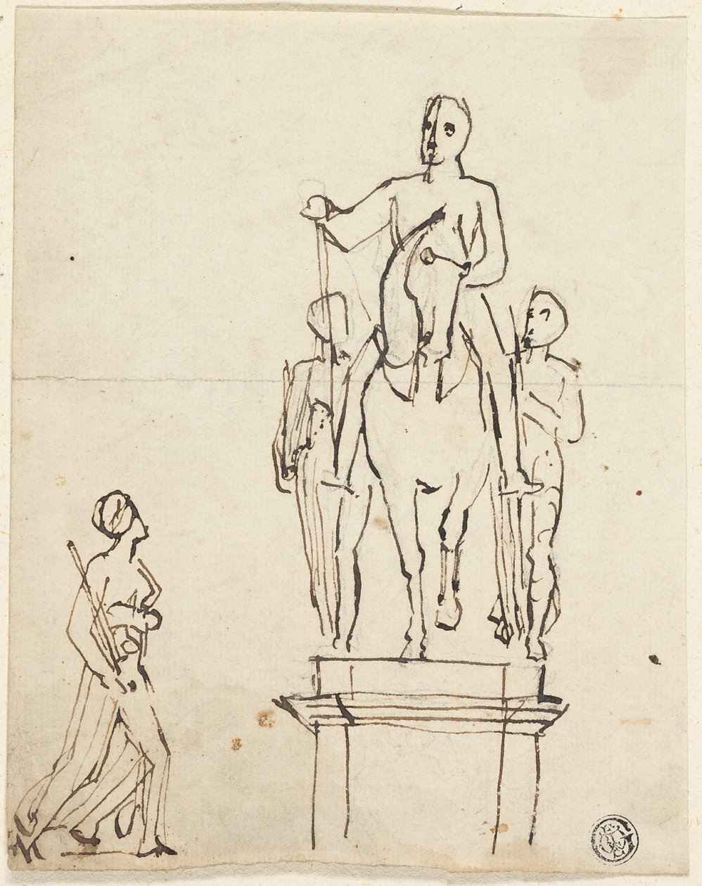 Skulptur eines Reiters begleitet von zwei stehenden Figuren, mit Skizze einer der letzteren von Thomas Stothard