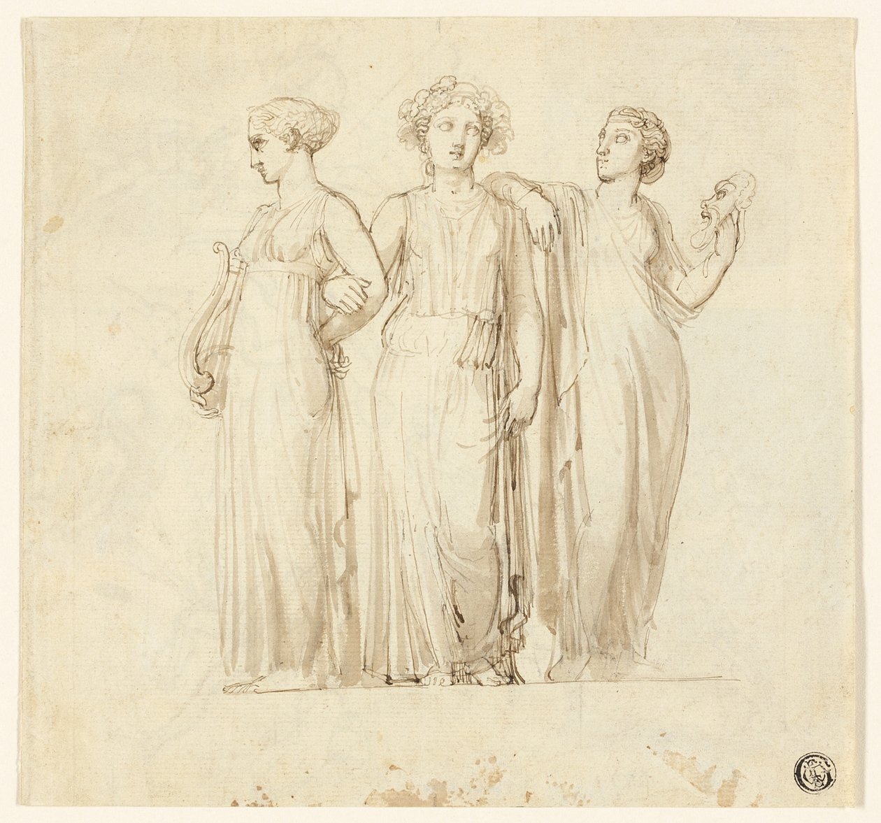 Drei Musen (recto); Studie eines Ritters und Mönchs für eine Illustration in einem gotischen Roman (verso) von Thomas Stothard