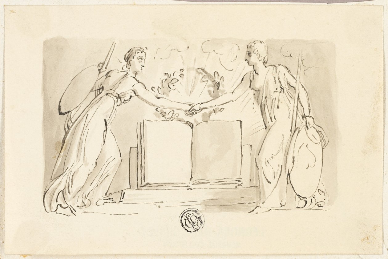Zwei allegorische weibliche Figuren, die Hände vor einem Buch halten von Thomas Stothard