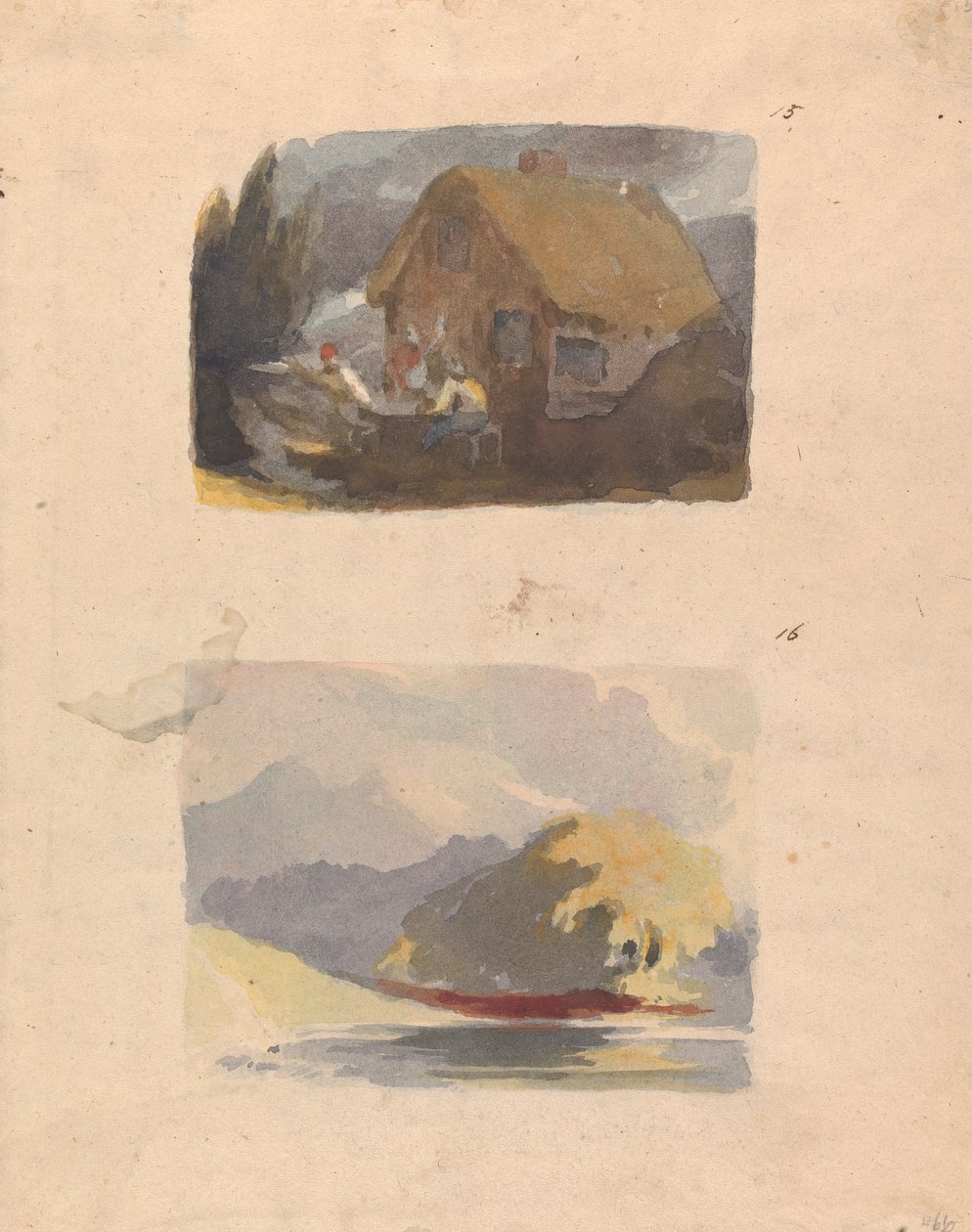 Zwei Zeichnungen auf einem Blatt: Hütte mit Figuren davor (Nr. 15); Landschaft mit Fluss und Bergen - Sonnenschein (Nr. 16) von Thomas Sully