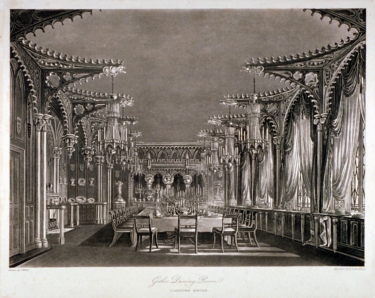 Innenansicht des gotischen Speisezimmers im Carlton House, Westminster, London, 1819 von Thomas Sutherland