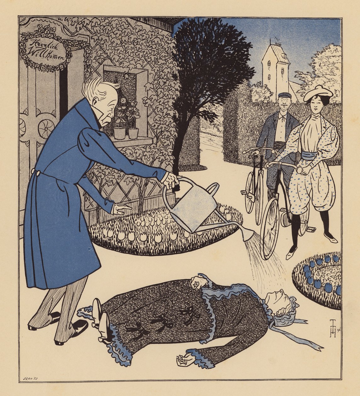 Mann versucht, seine Frau nach einer Ohnmacht wiederzubeleben von Thomas Theodor Heine