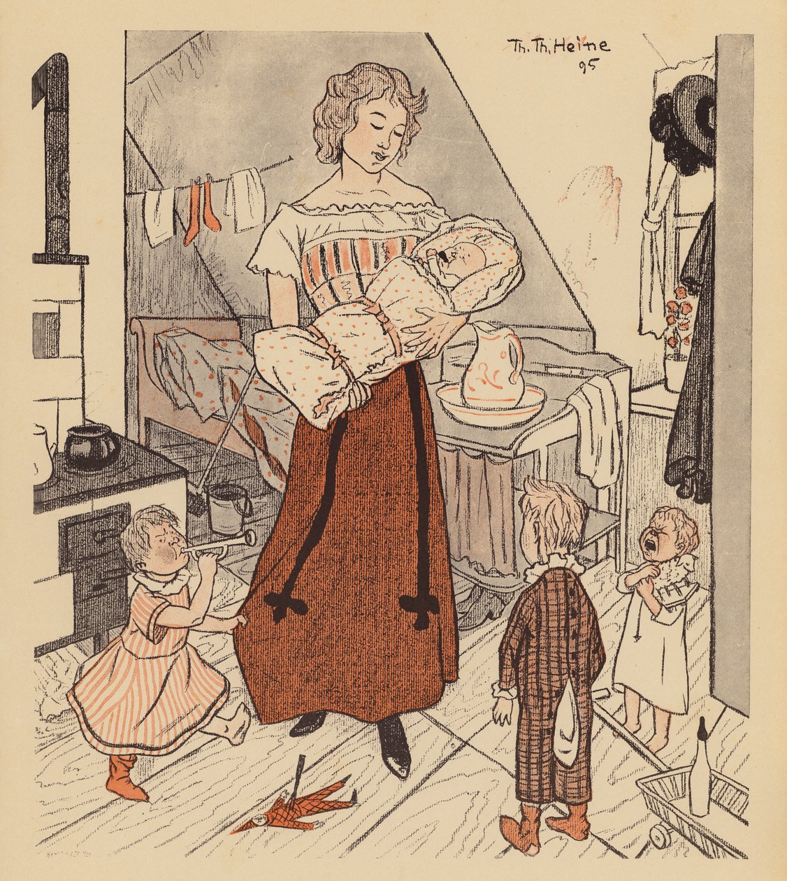 Alleinerziehende Mutter mit ihren vier Kindern von Thomas Theodor Heine