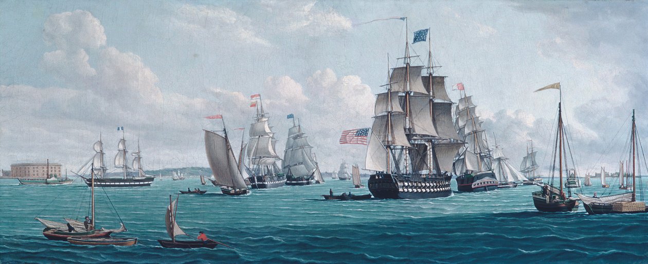 Das US-Schiff Franklin mit Blick auf die Bucht von New York von Thomas Thompson