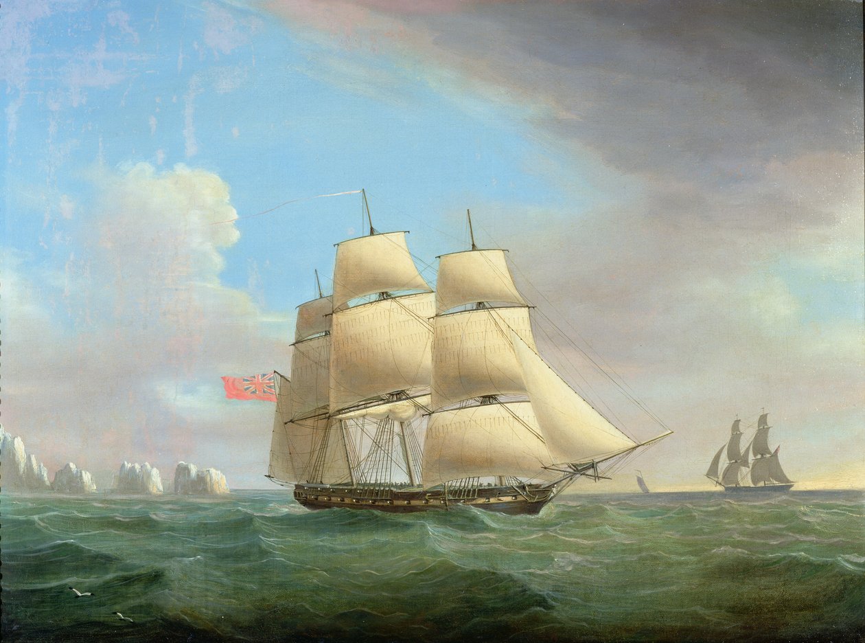 H.M. Fregatte Galatea, 38 Kanonen vor den Needles, Isle Of Wight von Thomas Whitcombe