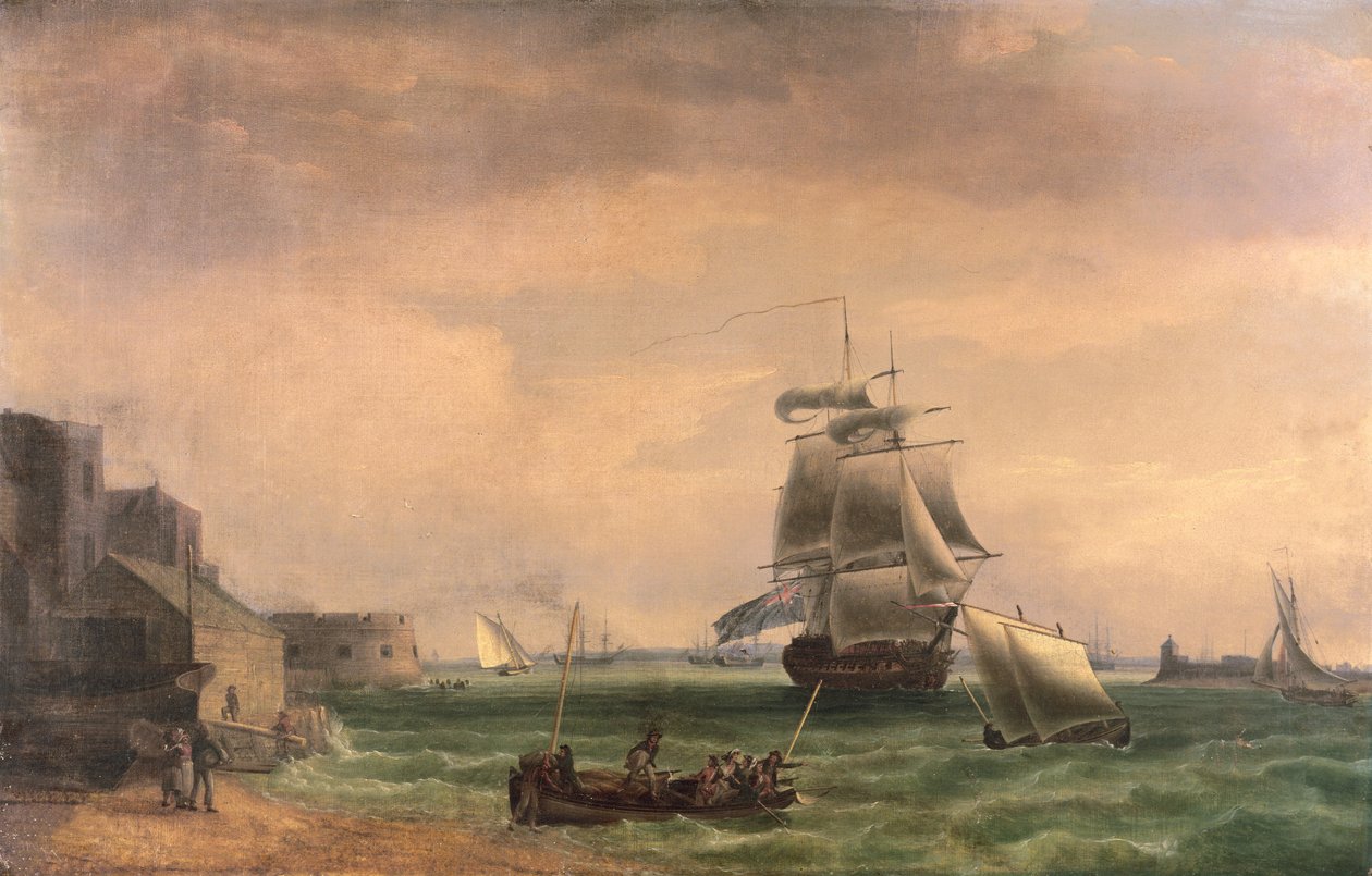 Kriegsschiffe und kleine Boote im Hafen von Portsmouth, spätes 18. oder frühes 19. Jahrhundert von Thomas Whitcombe