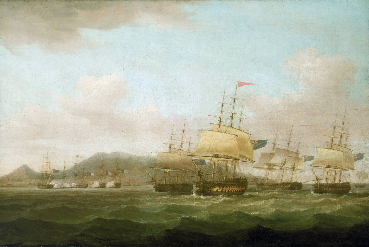 Die Eroberung von Saint Paul, nahe der Insel Bourbon (heute Réunion) durch die britische Flotte, 21. September von Thomas Whitcombe