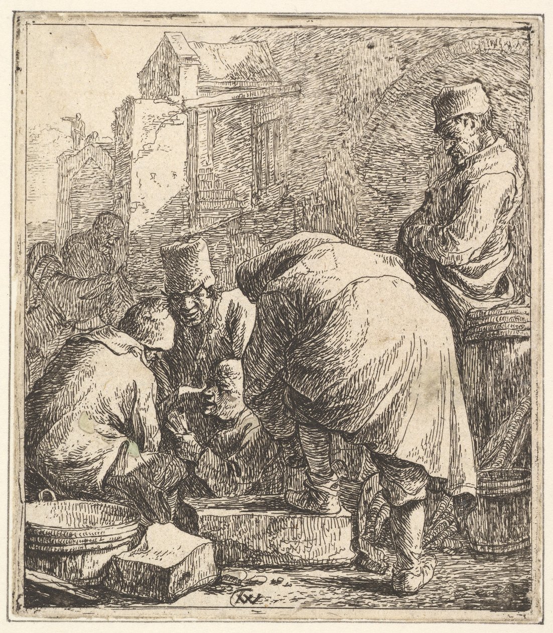 Mann, der sein Schuhwerk anpasst, links drei Männer beim Kartenspielen, 1630-77 von Thomas Wijck