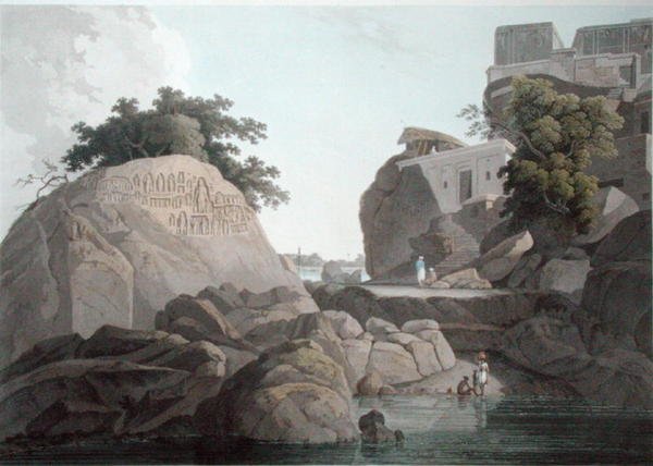 Südostansicht des Fakeers Rock am Fluss Ganges, in der Nähe von Sultaungunge, Tafel X aus 