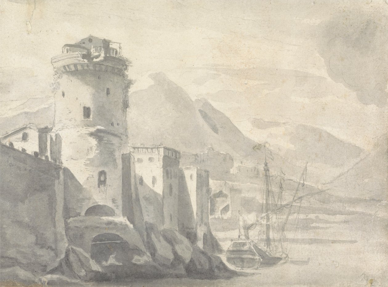 Befestigte Gebäude, die steil von einem Flussufer aufsteigen (in Italien?) mit Boot in der Mitte und entfernten Bergen von Thomas Wyck