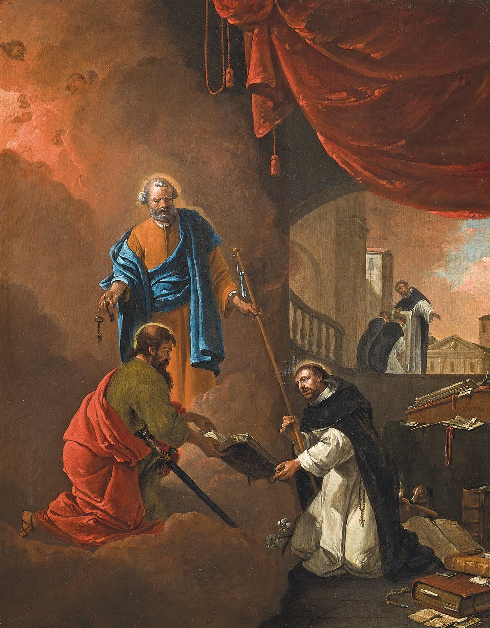 Die Vision des heiligen Dominikus, mit dem heiligen Dominikus, der zwei missionarische Mönche segnet von Thomas Wyck