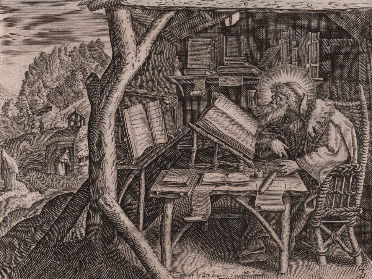 Der heilige Evagrius Ponticus vertieft in seine Studien, Radierung und Grabstichel von Thomas de Lieu (1560-1612) von Thomas de Leu