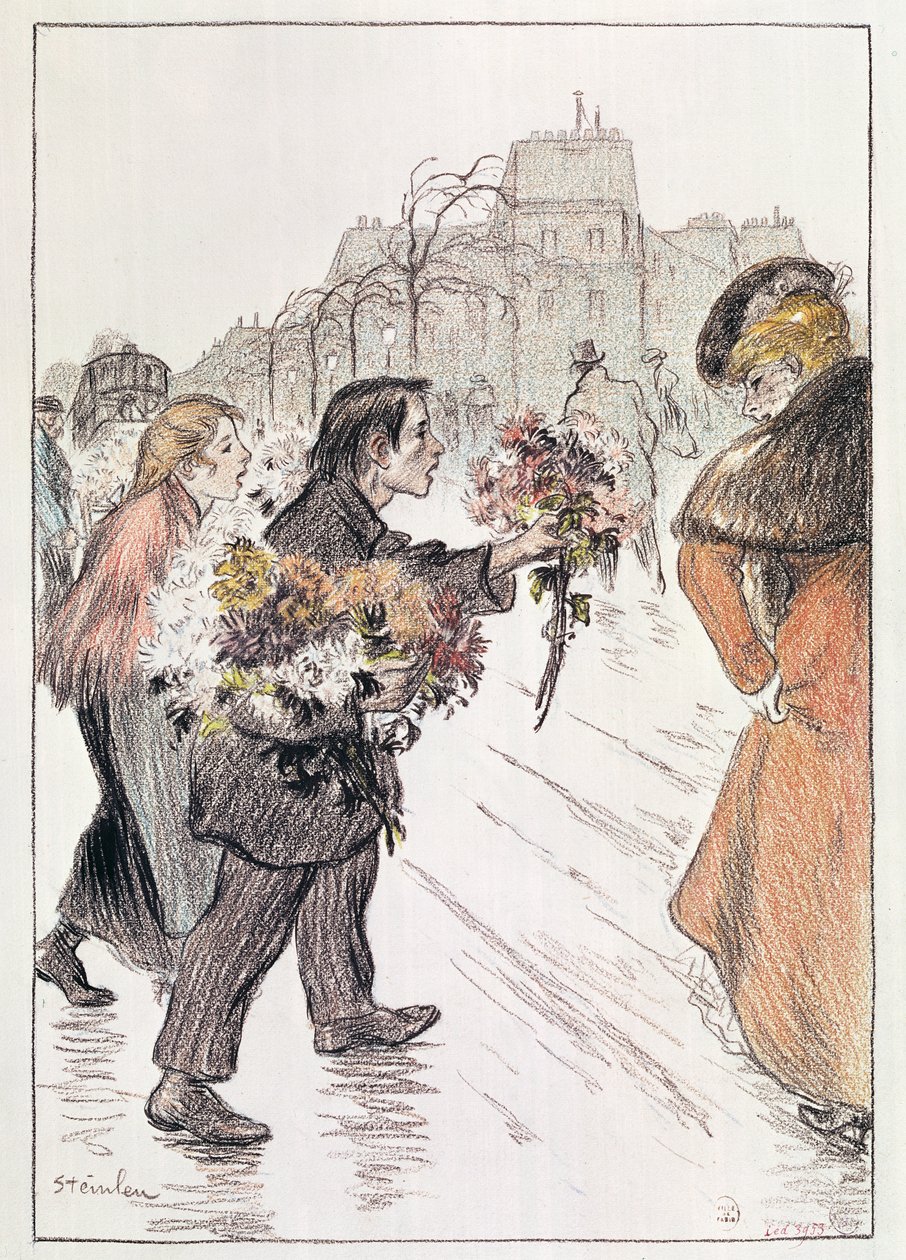 Floristen spazieren um die äußeren Boulevards von Théophile Alexandre Steinlen
