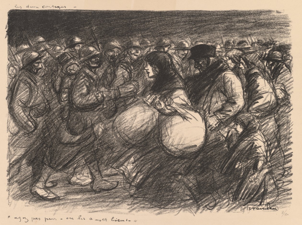 Kriegsskizzen: Die zwei Prozessionen (Croquis de guerre: Les deux cortèges – „Ayez pas peur - on les a - et bien!“) von Théophile Alexandre Steinlen