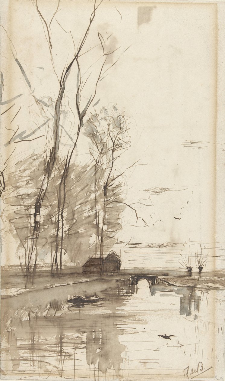 Kanalansicht mit hohen Bäumen, einem Bauernhaus und einer Brücke von Théophile de Bock (possibly)