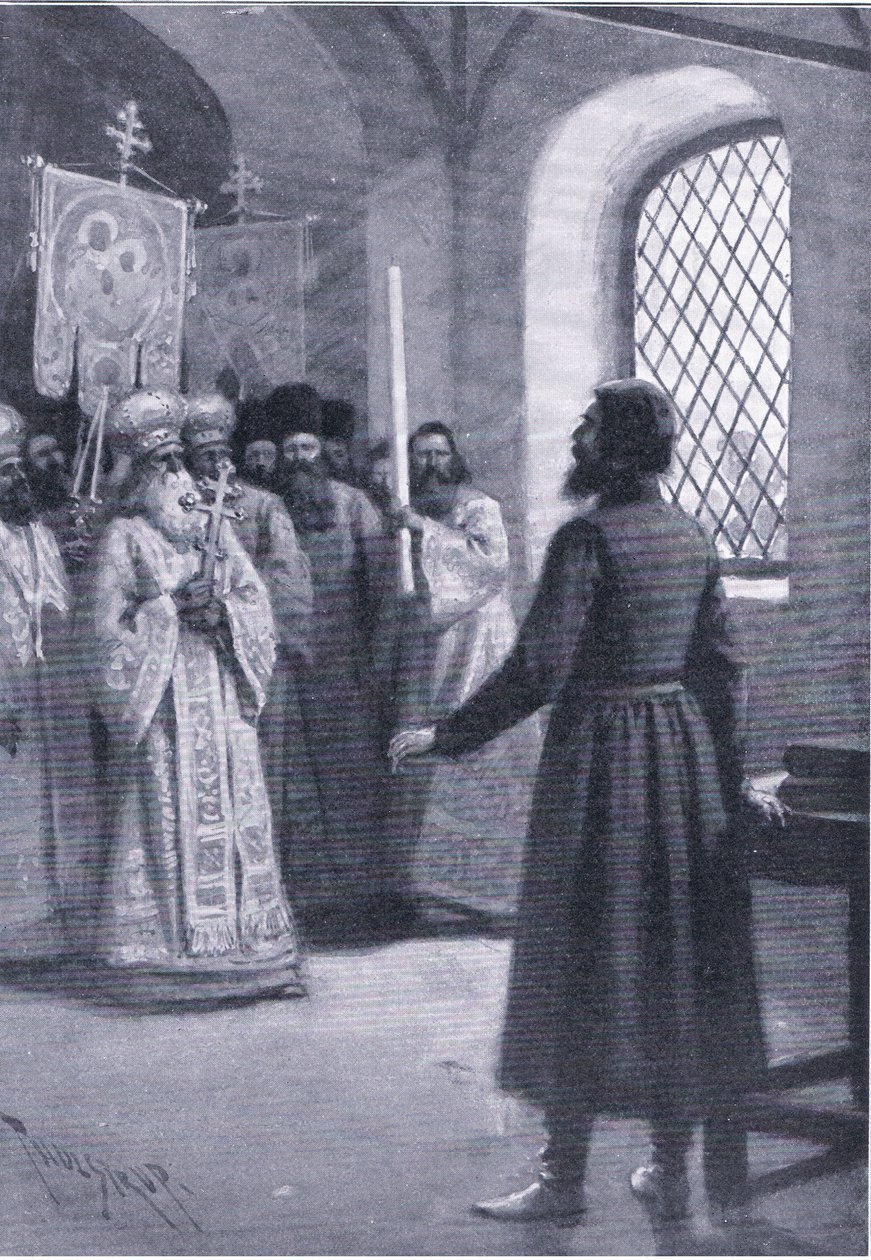 Boris Godunov im Ruhestand im Kloster, gebeten, seine Wahl zum Zaren anzunehmen, Illustration aus Landmarks in European History, veröffentlicht von Gresham Publishing Co, ca. 1920 (Lithografie) von Thure de Thulstrup