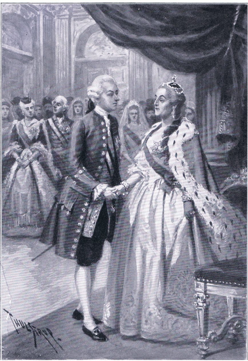 Treffen von Katharina II. von Russland und Joseph II. von Österreich, Illustration aus Landmarks in European History, veröffentlicht von Gresham Publishing Co, ca. 1920 von Thure de Thulstrup