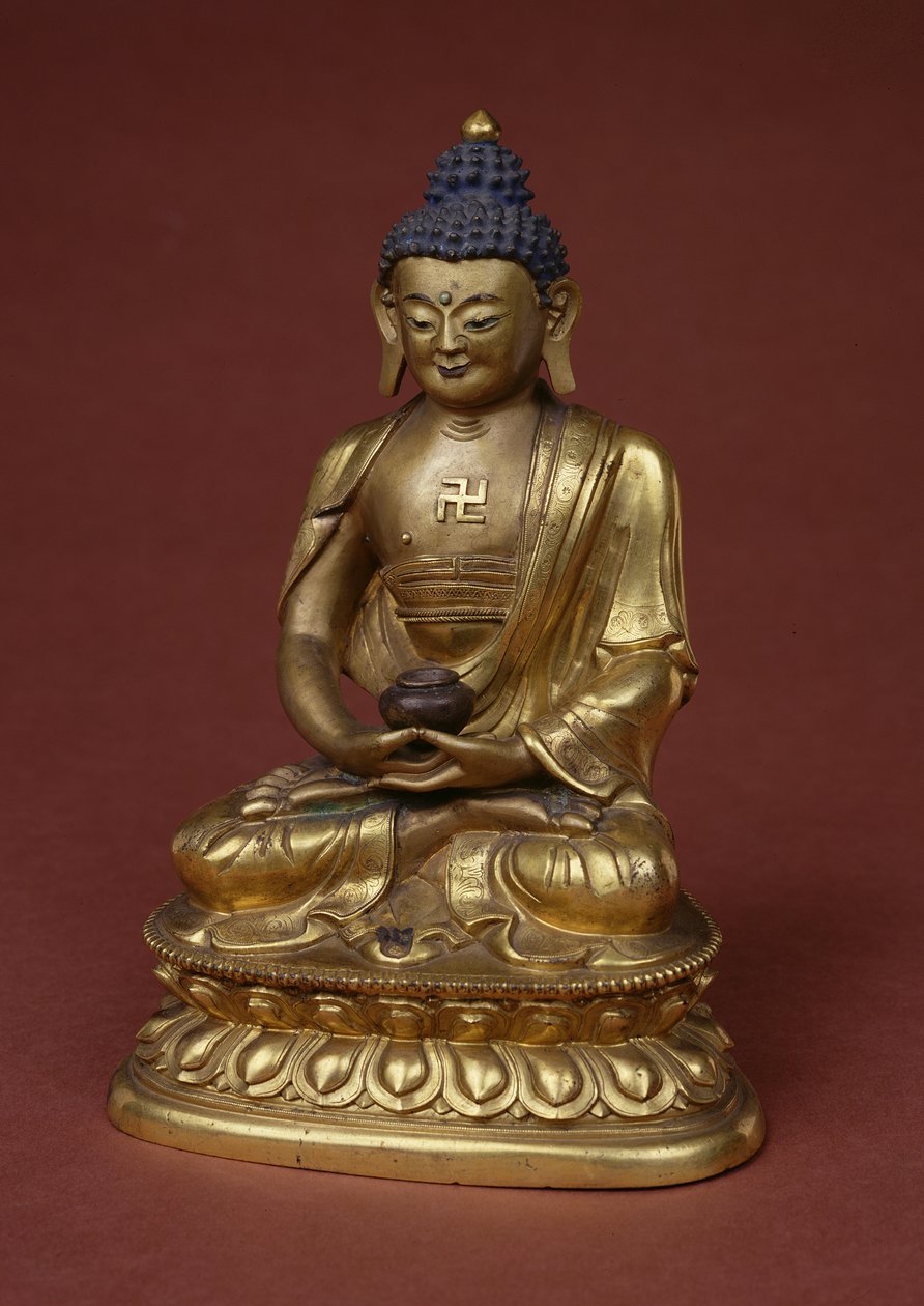 Buddha Amitayus im Meditationssitz mit dem Nektargefäß (amrta) im Schoß (Bronze) von Tibetan School
