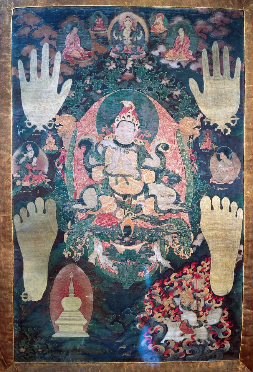 Gnya-Khri btsan-Po, legendärer erster König von Tibet, Reinkarnation des Bodhisattva Avalokitesvara, einer der weltlichen und spirituellen Führer Tibets, Gemälde auf Leinwand, tibetische Zivilisation von Tibetan School