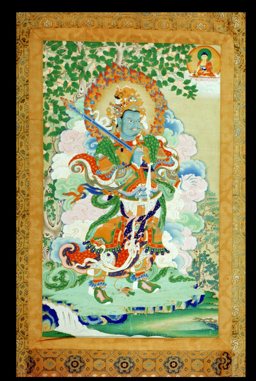 Thangka-Malerei, die Virudhaka (Pag che po) Wächter des Südens darstellt, tibetisch, 19. Jahrhundert von Tibetan School