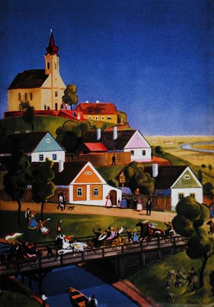 Das typische ungarische Dorf, Illustration aus einem Touristenprospekt, ca. 1930-40 von Tibor Polya