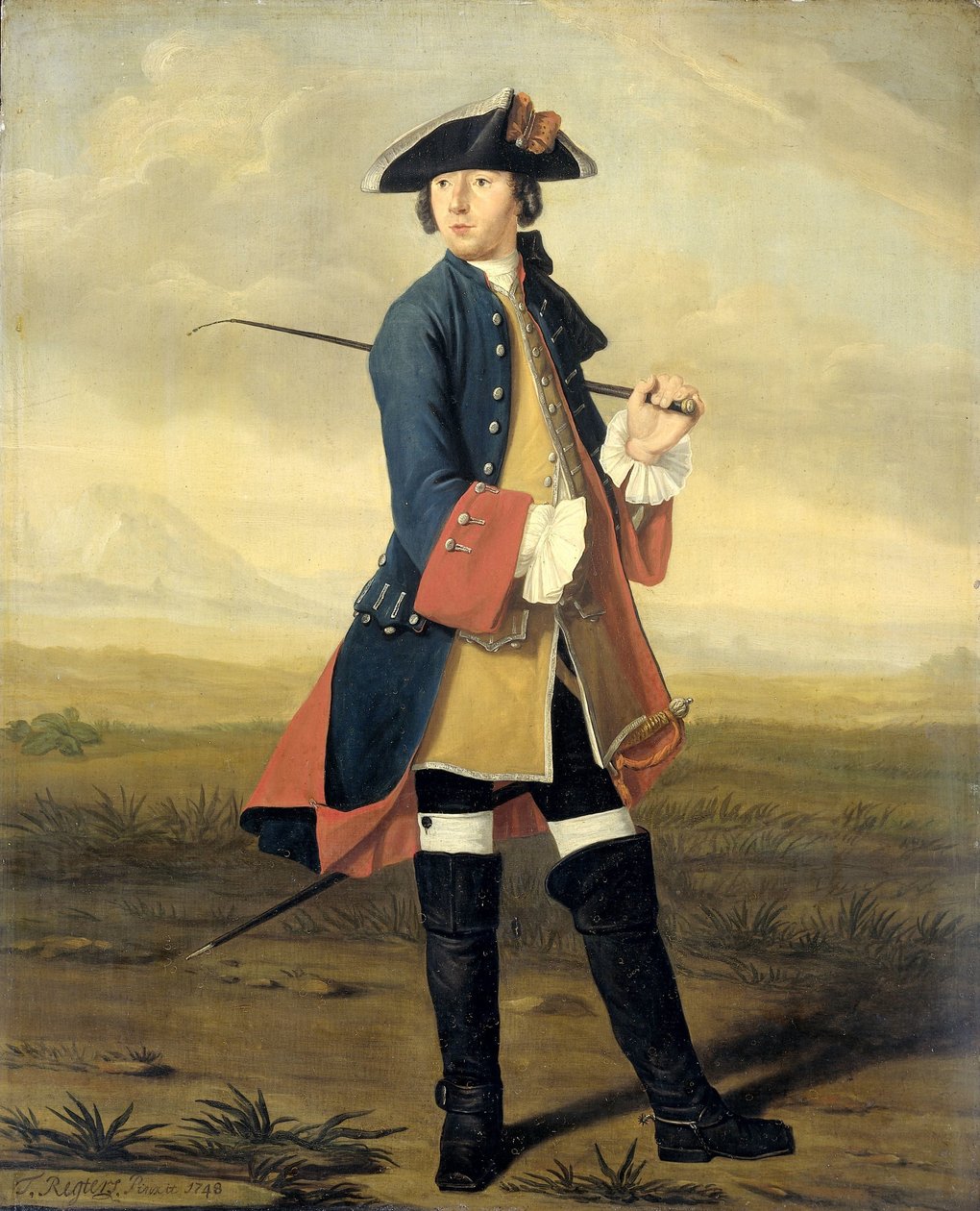 Porträt von Ludolf Backhuysen II, Maler, in der Uniform der Dragoner von Tibout Regters