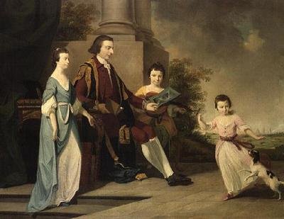 Thomas Noel, 2. Viscount Wentworth, sitzend mit seinen drei Schwestern, Judith, Elizabeth und Sophia, auf der Terrasse mit Oxford im Hintergrund von Tilly (manner of) Kettle