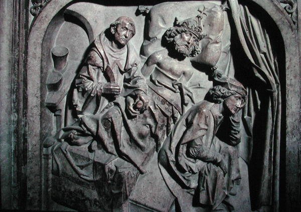 Grab von Heinrich II. und seiner Frau Kunigunde, Detail des vom heiligen Benedikt operierten Kaisers von Tilman Riemenschneider