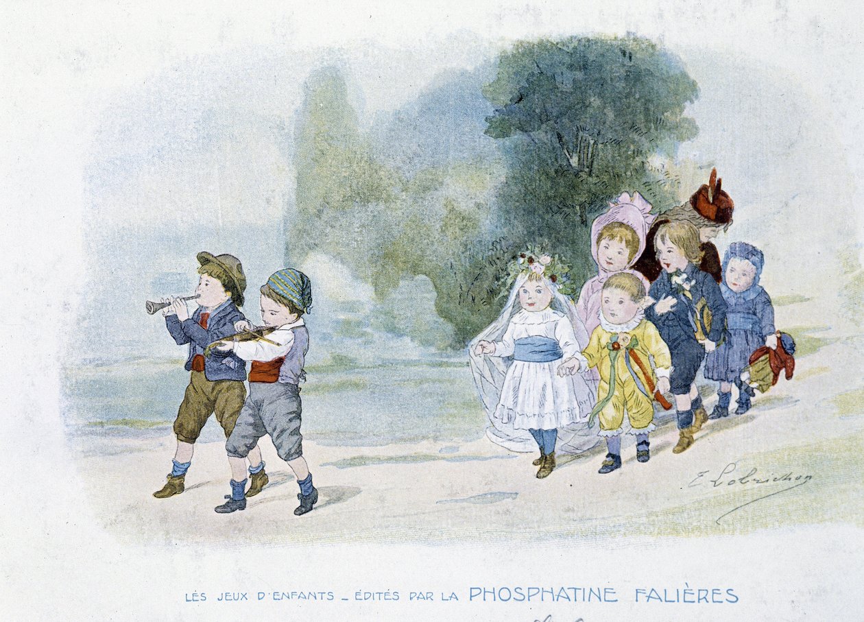 Kinderspiele: Hochzeitsprozession, Kinder verkleidet als Bräute - Zeichnung von Lobrichon, herausgegeben von Phosphatine Falières, um 1920 von Timoleon Marie Lobrichon