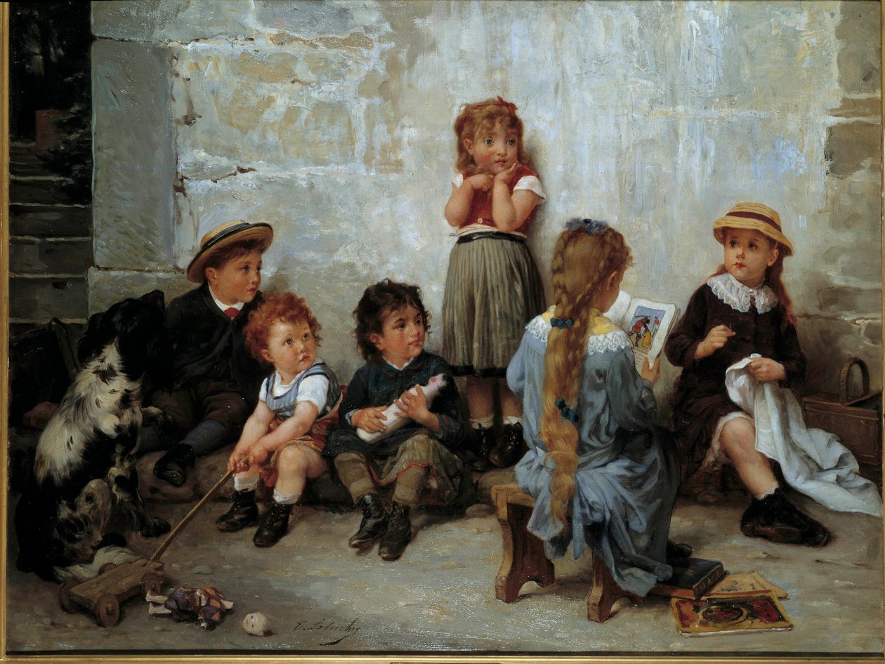 Der spannende Abschnitt. Kinder, die einem Buch zuhören von Timoleon Marie Lobrichon