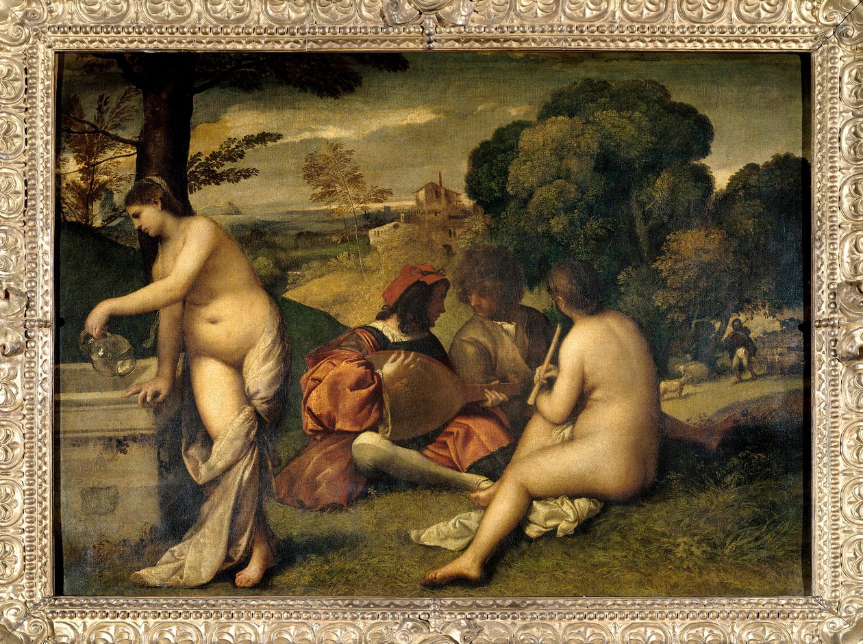 Das Konzert im Freien. Musiker auf dem Gras, die beiden Frauen sind nackt, eine von ihnen füllt ihren Krug mit Wasser an einem Brunnen. Gemälde zugeschrieben Tiziano Vecellio genannt Tizian (1485-1576) oder Giorgio da Castelfranco genannt Giorgione (1476/1 von Titian (c.1488 1576) (attr. to)