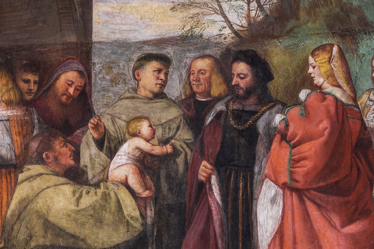 Das Baby verkündet die Unschuld der Mutter, die Nordwand, Schule des Heiligen, (Detail) von Titian (c.1488 1576)