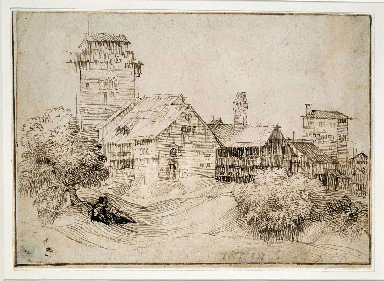 Alpendorf und sich umarmende Liebende von Titian (c.1488 1576) (after)
