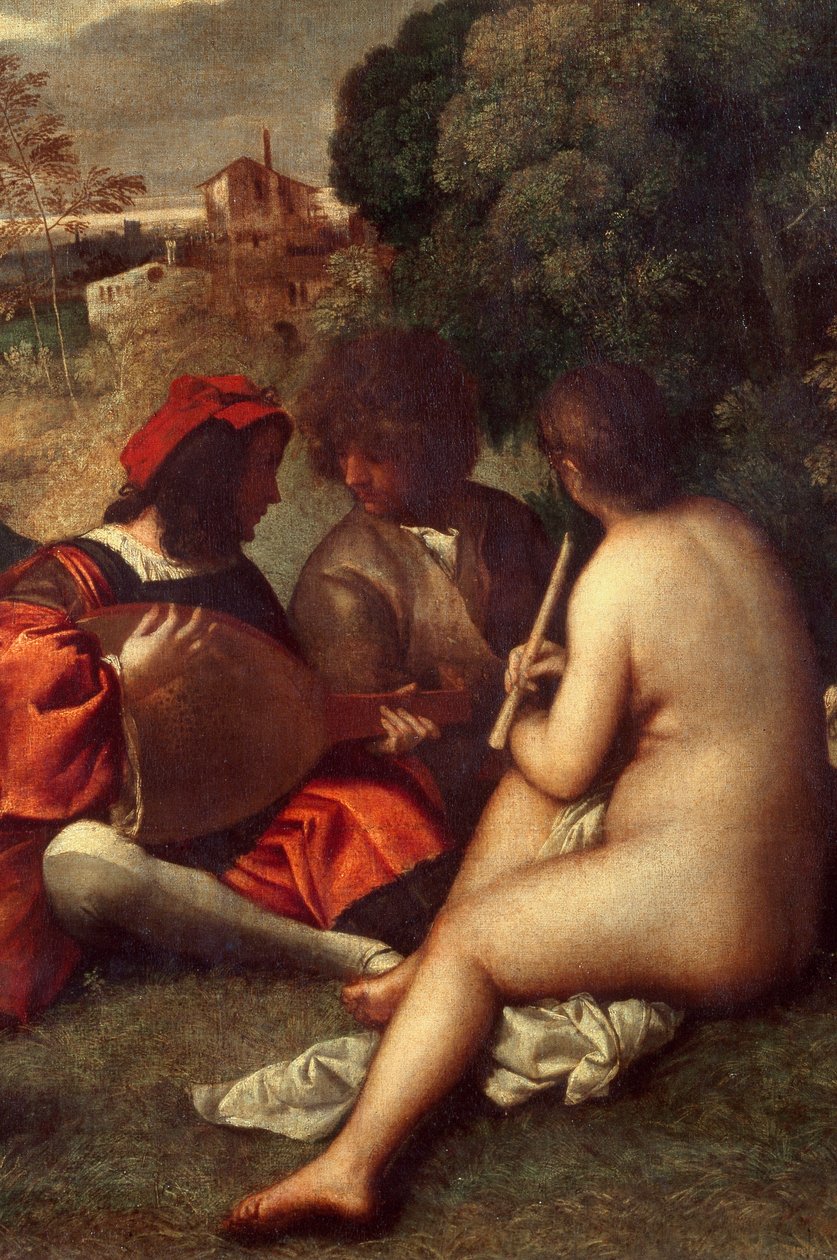 Das Konzert im Freien. Musiker auf dem Gras, Frauen sind nackt. Detail. Gemälde zugeschrieben Tiziano Vecellio dit le Titian (1485-1576) oder Giorgio da Castelfranco dit Giorgione (1476/1478-1510) von Titian (c.1488 1576) (attr. to)
