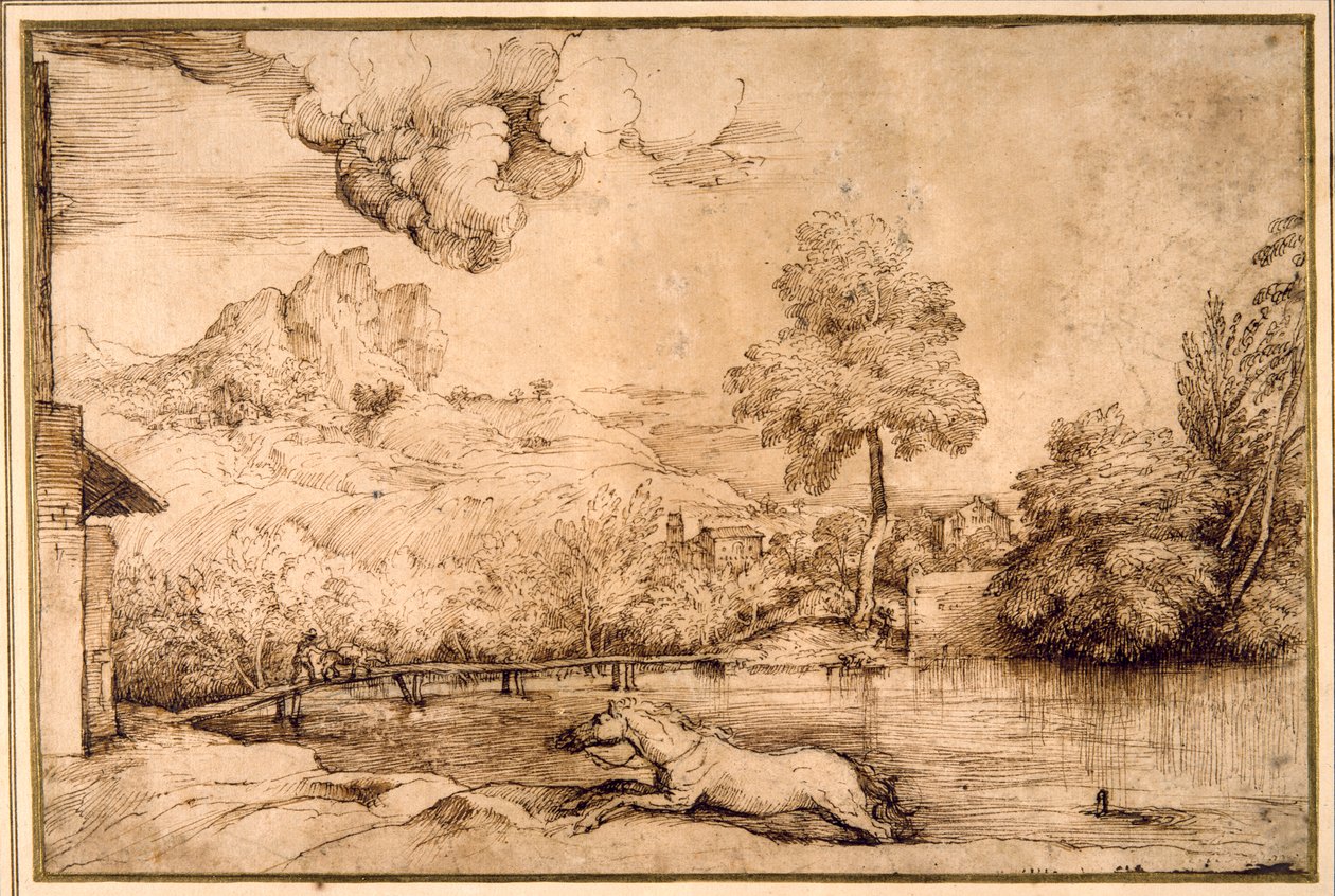 Landschaft: Ein reiterloses Pferd wird von einer Schlange verfolgt von Titian (c.1488 1576)