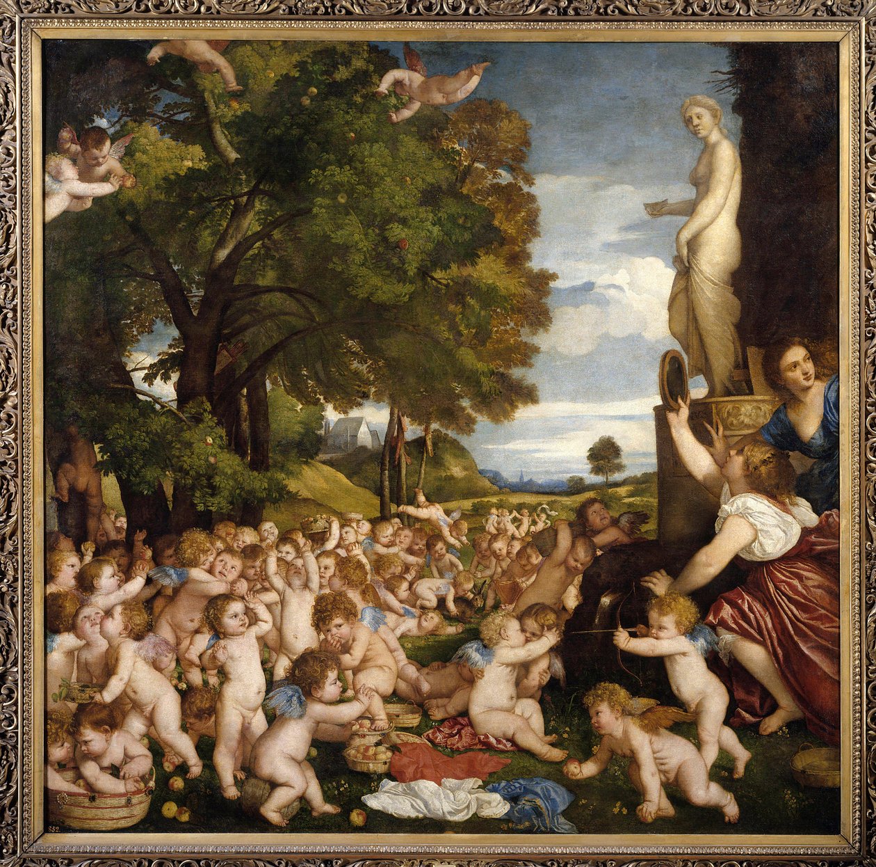 Offrande an Venus. Kleine Amoretten versammeln sich, um der Göttin Aphrodite zu huldigen von Tiziano Vecelli