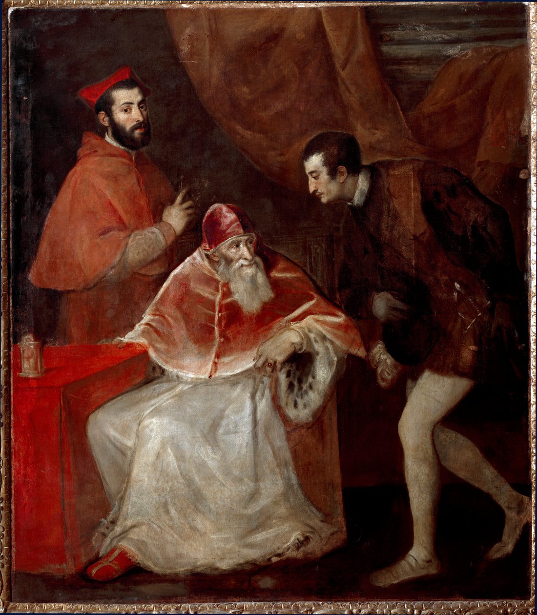 Papst Paul III. und seine Enkel (Alessandro und Ottavio Farnese) von Tiziano Vecelli