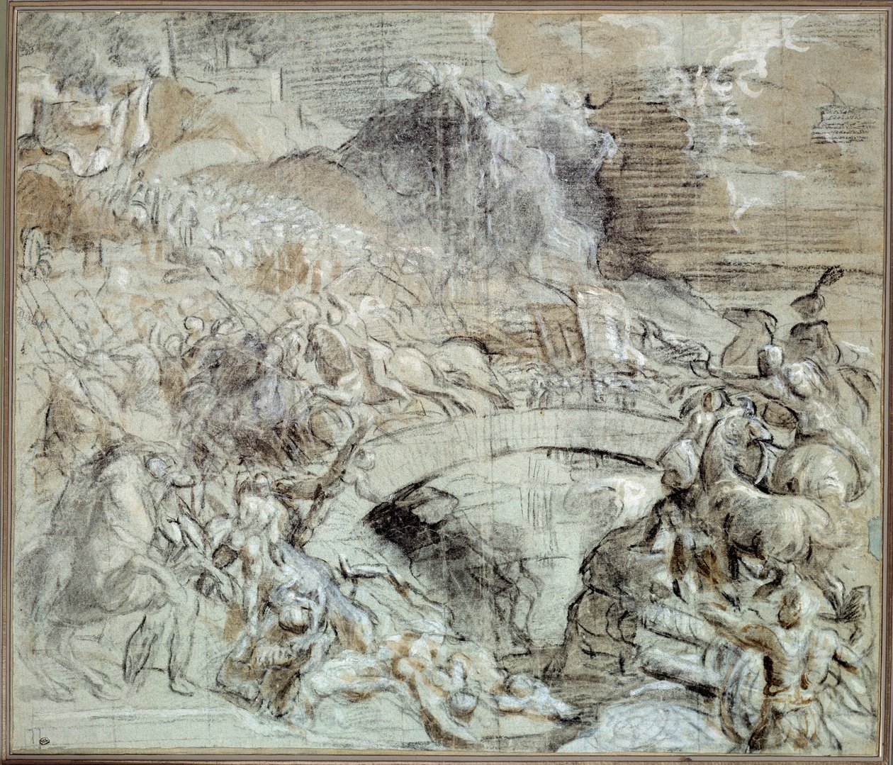 Kriege Italiens: „Die Schlacht von Cadore“ um 1508, als die Stadt Pieve di Cadore sich mit den Venezianern gegen die Truppen von Maximilian I. von Habsburg verbündete. Zeichnung mit schwarzem Stein und Waschung von Tiziano Vecellio (1485-1576) genannt Tizi von Tiziano Vecelli