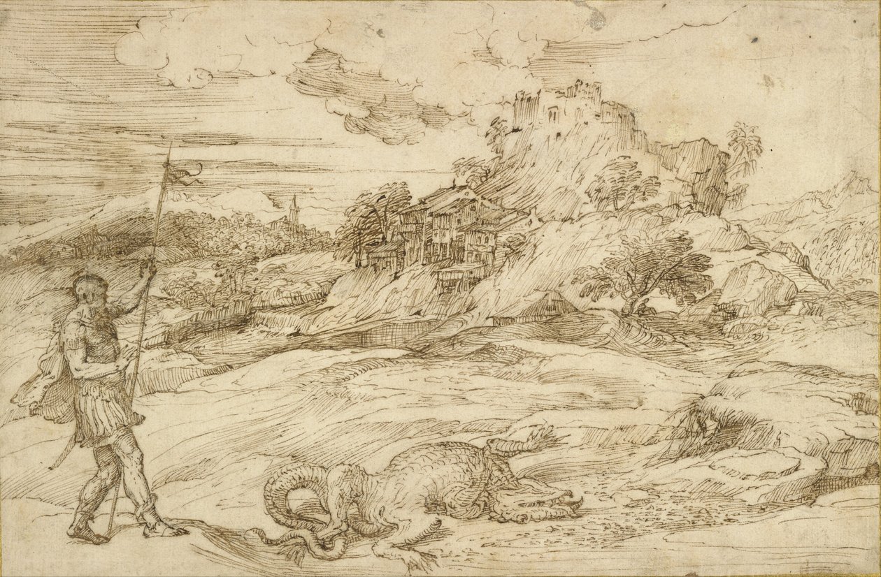 Landschaft mit St. Theodor, der den Drachen besiegt von Tiziano Vecelli