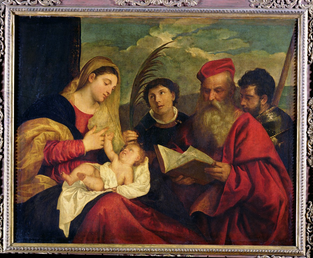 Madonna mit Kind und den Heiligen Stephanus, Hieronymus und Mauritius von Tiziano Vecelli