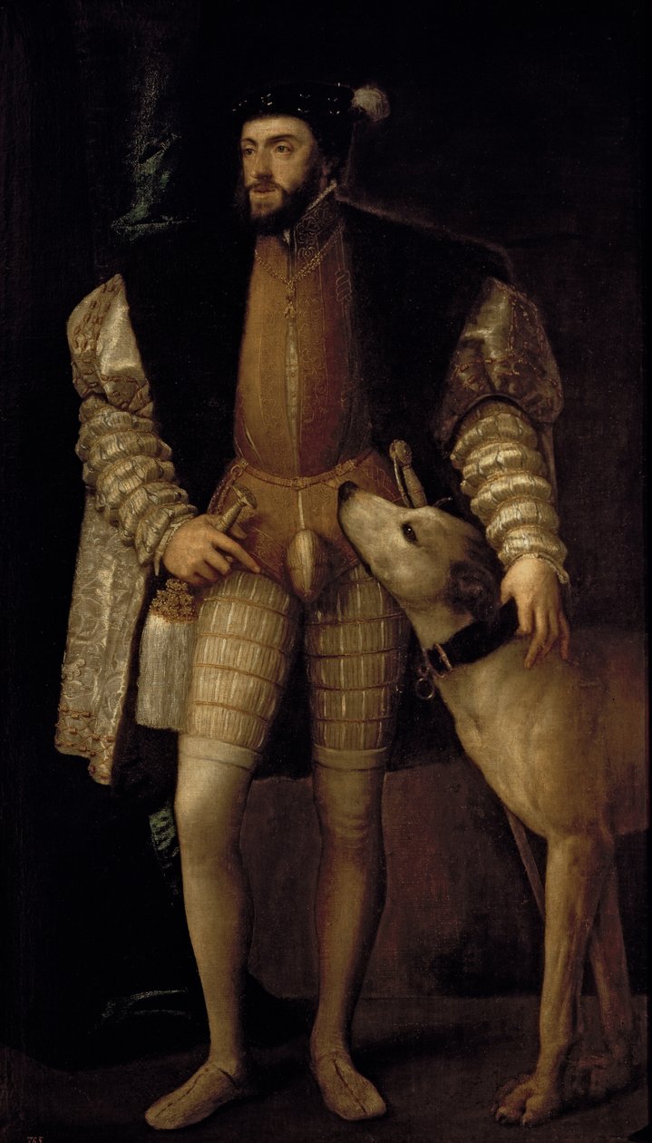 Karl V. (1500-58) Heiliger Römischer Kaiser und König von Spanien mit seinem Hund, 1533 von Tiziano Vecelli