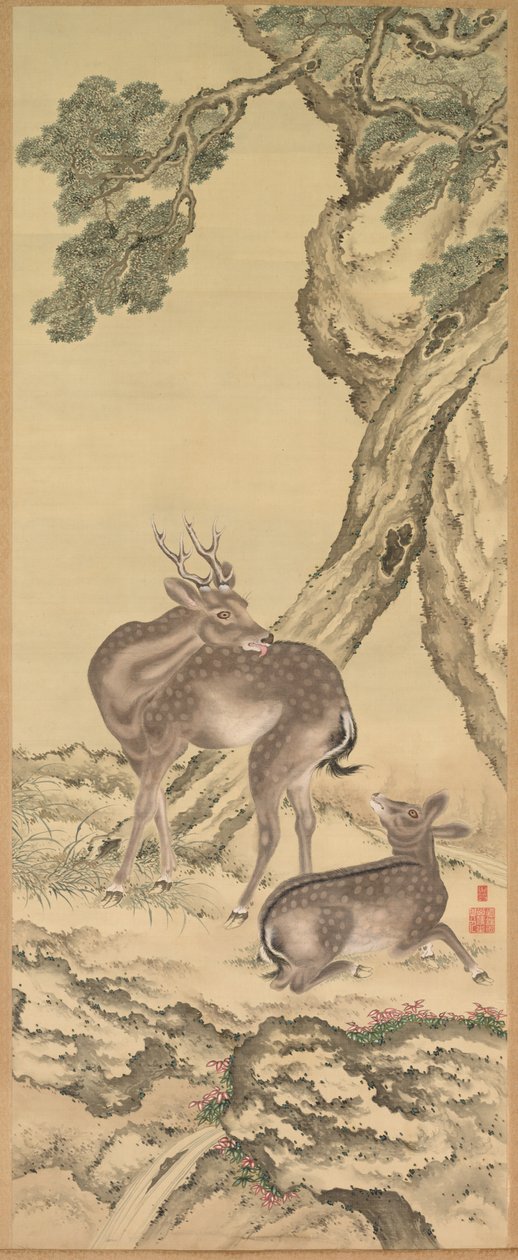 Symbole der Langlebigkeit: Hirsche unter Pfirsich und Kiefer (Pfirsich) (links) von Toda Tadanaka