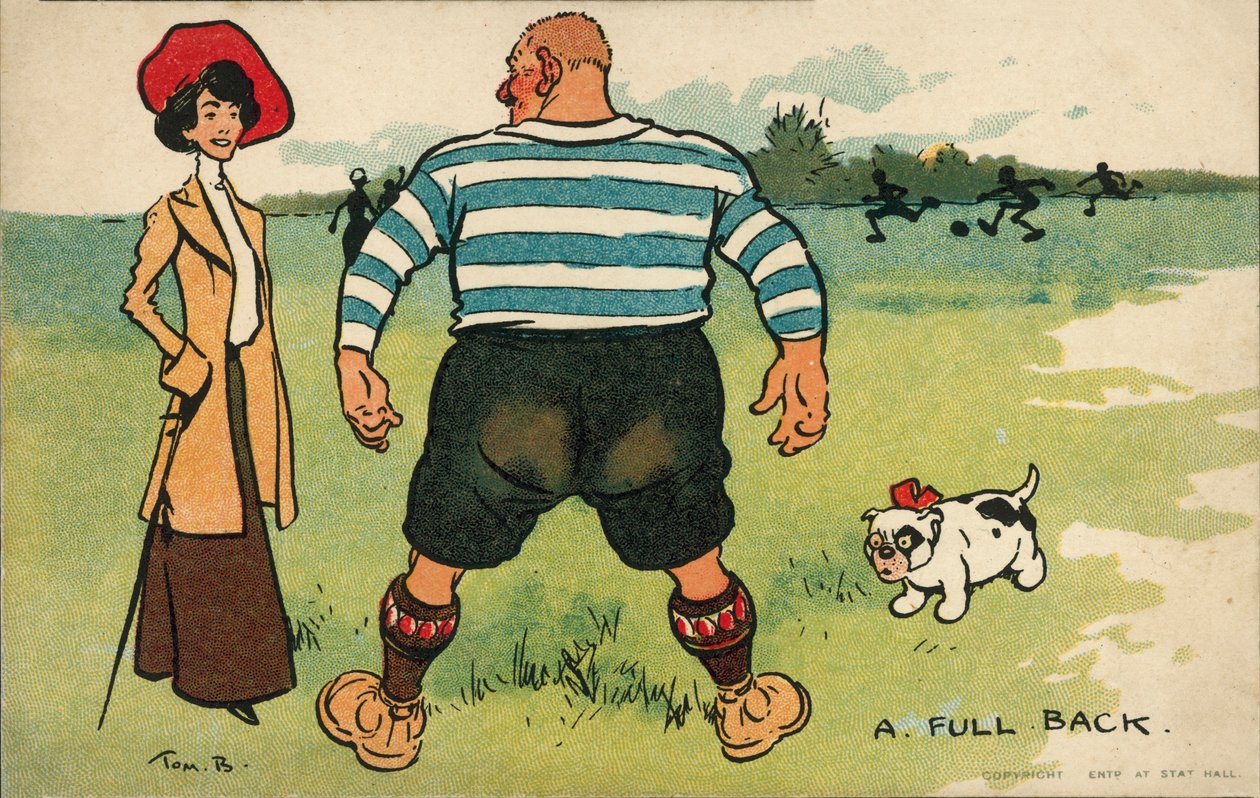 Großer Fußballspieler mit einer Frau, die ihren Hund spazieren führt von Tom Browne