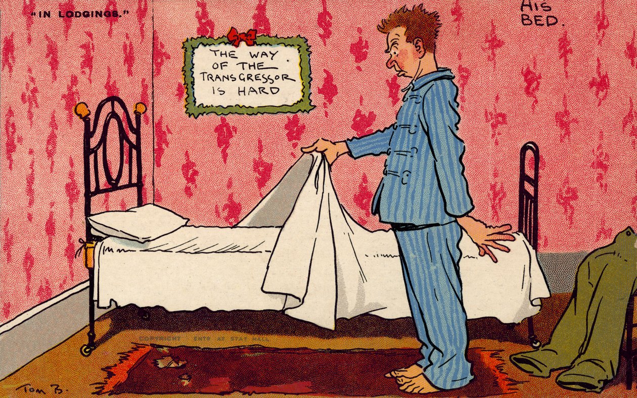 Mann betrachtet sein unbequemes Einzelbett von Tom Browne