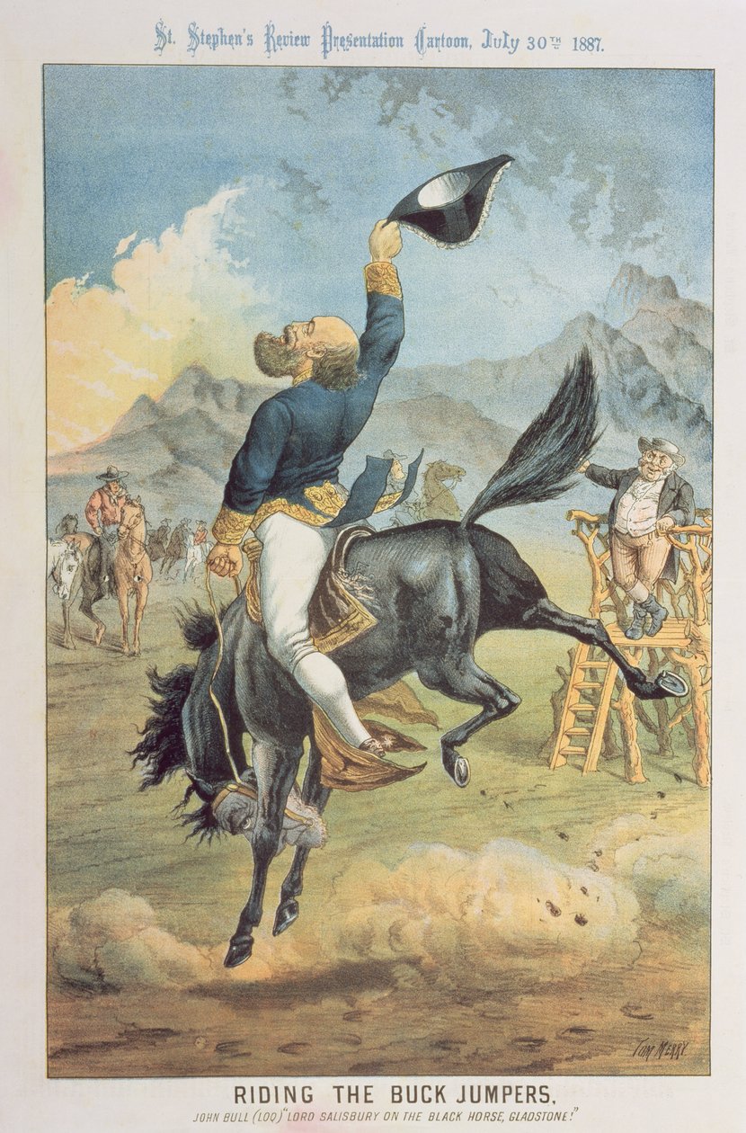 Reiten der Buck Jumpers, Lord Salisbury auf dem schwarzen Pferd, Gladstone, aus 
