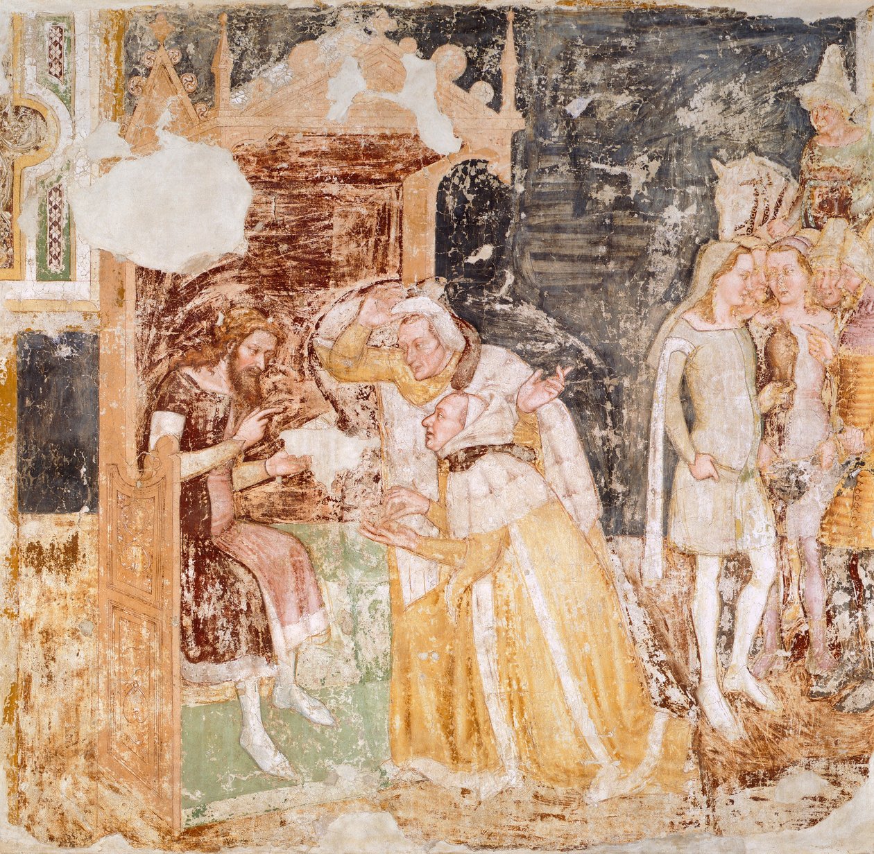 Die Entsendung von Botschaftern des Königs von England, Detail aus Geschichten der Heiligen Ursula, von Tommaso da Modena, Fresko von Tomaso da (late 15th century) Modena